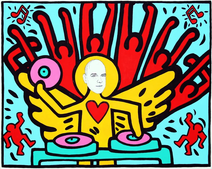  DJ Palotai hatalmas partit tol a mennyben Keith Haring műtermében - Számozott, aláírt művészeti giclée-nyomat, kerettel, művészeti papíron.
